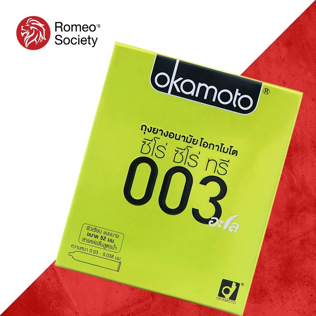 ถุงยางอนามัย โอกาโมโต้ 0.03 อโล (ลิขสิทธิ์ไทย) Okamoto 003 Aloe (แบบบาง, เจลสูตรน้ำว่านหางจระเข้)